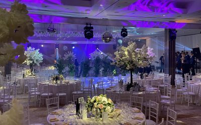 "An enchanting scene of a wedding reception illuminated by stunning and intricate lighting arrangements, casting a warm and romantic glow that enhances the elegance of the venue and creates a magical atmosphere for the celebration of love."